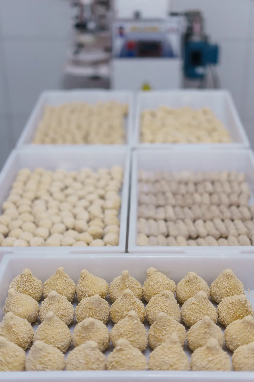 Bandejas de coxinhas e salgados empanados prontos para fritar na cozinha da Sampatini em Campinas